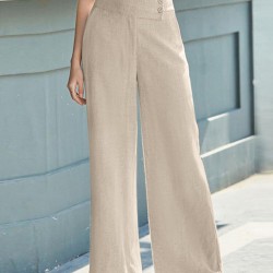 Solid Pocket Button Wide Leg High Waist Casual Pants