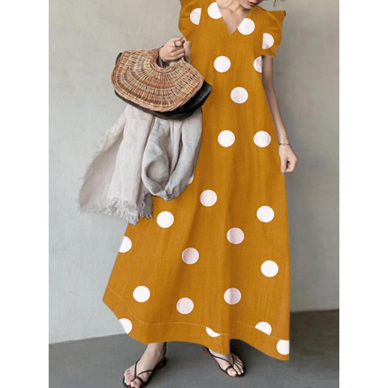 Polka Dot Sleeveless Ruffle V Neck Maxi Dress