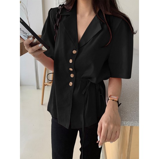 Solid Button Tie  Up Lapel Short Sleeve Casual Cotton Blouse