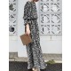 Geo Print Long Sleeve Slit Side Crew Neck Maxi Dress