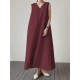 Solid V Neck Sleeveless Casual Cotton Maxi Dress