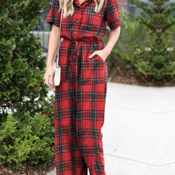 Plaid Print Button Pocket Short Sleeve Wide Leg Jumpsuit