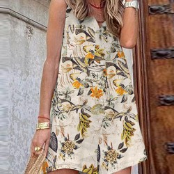 Sleeveless Button Print Flower Pocket Regular Fit Jumpsuit