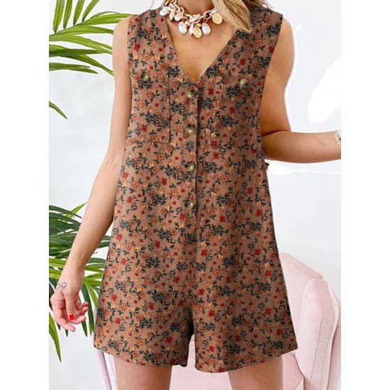 Leisure Calico Button Pocket Sleeveless V Neck Cotton Romper