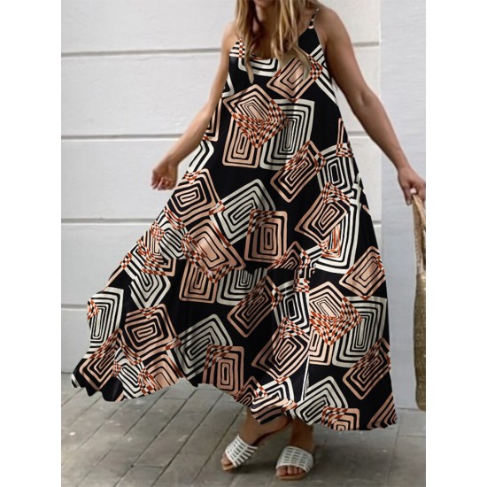 Geometry Print Backless Sleeveless V Neck Spaghetti Maxi Dress