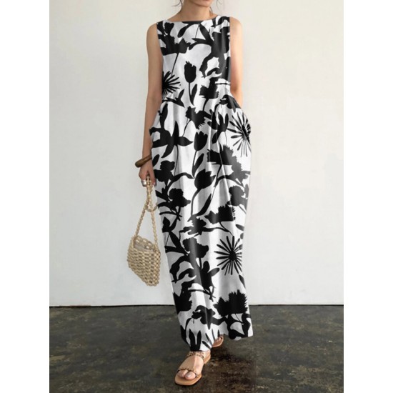 Plant Print Pocket Round Neck Sleeveless Print Dress