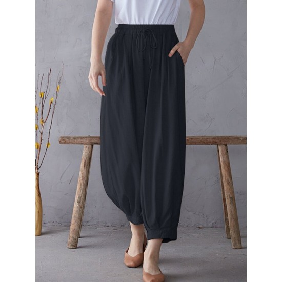 Solid Elastic Waist Drawstring Pocket Cotton Casual Pants