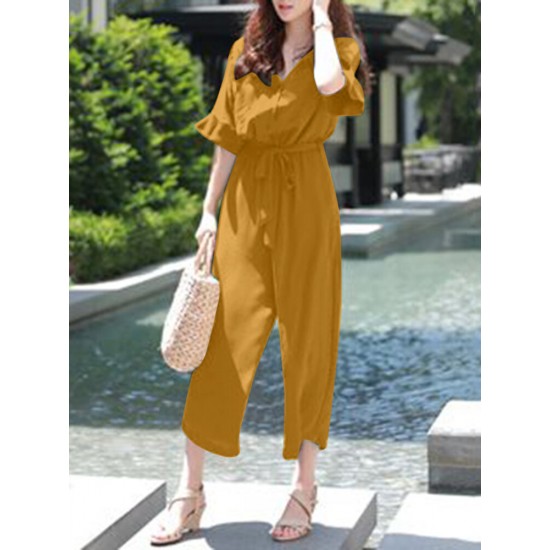 Solid Belt Pocket Button Ruffle Sleeve V  neck Jumpsuit