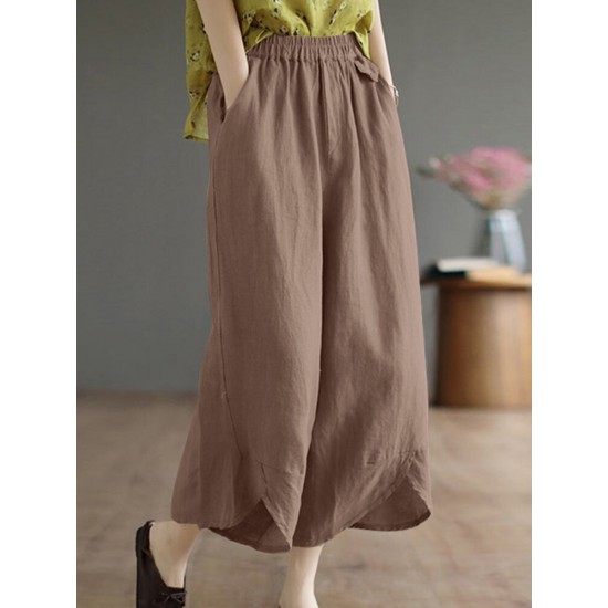 Solid Asymmetrical Hem Pocket Wide Leg Crop Pants