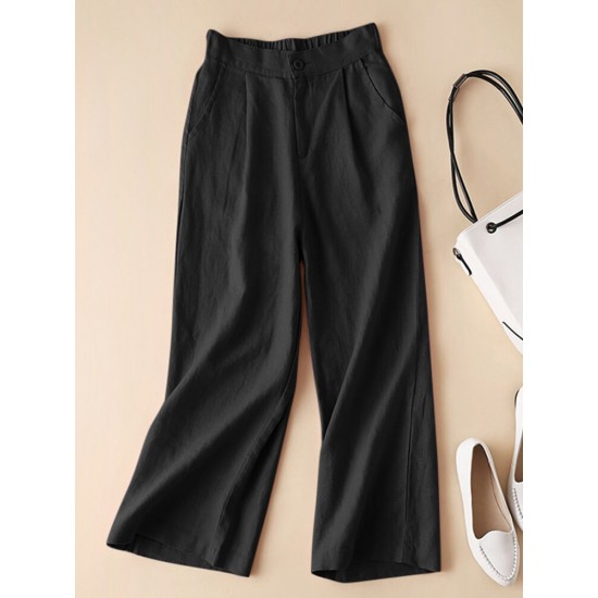 Solid Elastic Waist Pocket Button Wide Leg Pants