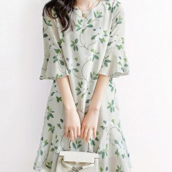 Flower Print Bell Sleeve Crew Neck Keyhole Back Dress