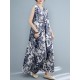 Plant Print Ruched Sleeveless Casual Maxi Cotton Dress