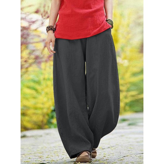 Solid Pocket Elastic Waist Cotton Casual Pants