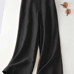 Leisure Solid Button Pocket Wide Leg Cotton Pants