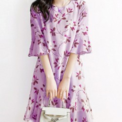 Flower Print Bell Sleeve Crew Neck Keyhole Back Dress