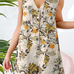 Sleeveless Button Print Flower Pocket Regular Fit Jumpsuit