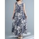 Plant Print Ruched Sleeveless Casual Maxi Cotton Dress