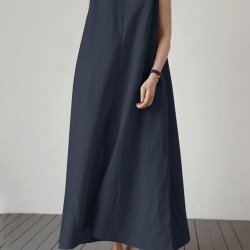 Solid V Neck Sleeveless Casual Cotton Maxi Dress