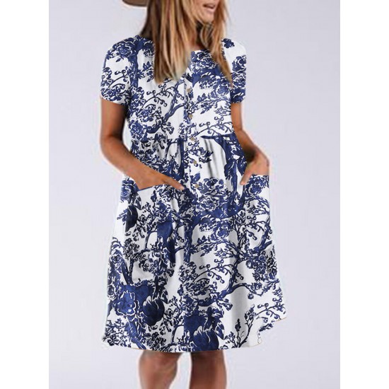 Cotton Plant Print Button Pocket Short Sleeve Midi Dress