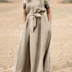 Solid Pocket Sash Short Sleeve Cotton Casual Maxi Dress