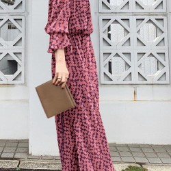 Geo Print Long Sleeve Slit Side Crew Neck Maxi Dress