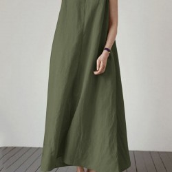 Solid V Neck Sleeveless Casual Cotton Maxi Dress