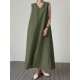 Solid V Neck Sleeveless Casual Cotton Maxi Dress