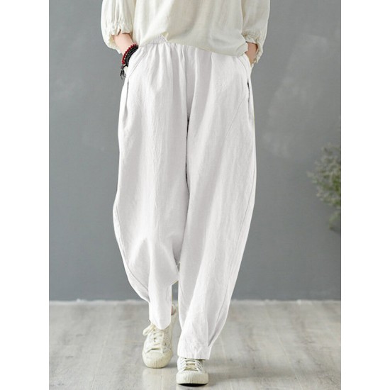 Solid Cotton Pocket Elastic Waist Casual Loose Pants