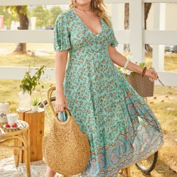 Plus Size V  neck Tribal Button Design Short Sleeves Maxi Dress