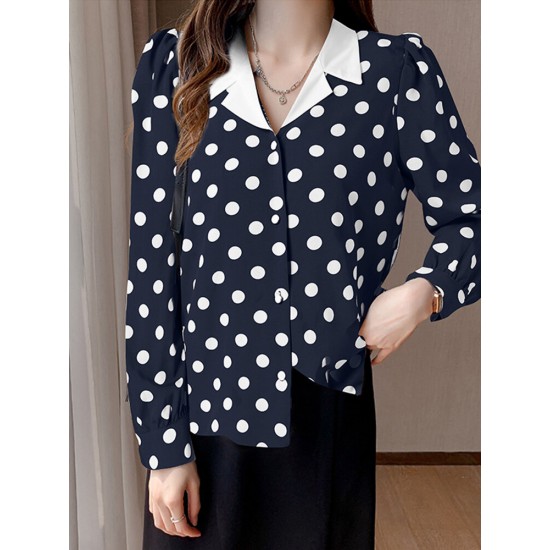 Polka Dot Contrast Color Lapel Button Long Sleeve Casual Shirt