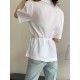 Solid Button Tie  Up Lapel Short Sleeve Casual Cotton Blouse