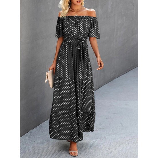 Dot Print Off Shoulder Short Sleeve Dress With Belt