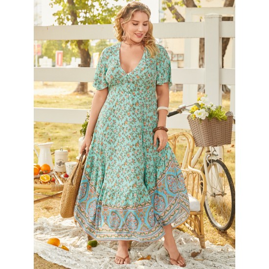 Plus Size V  neck Tribal Button Design Short Sleeves Maxi Dress