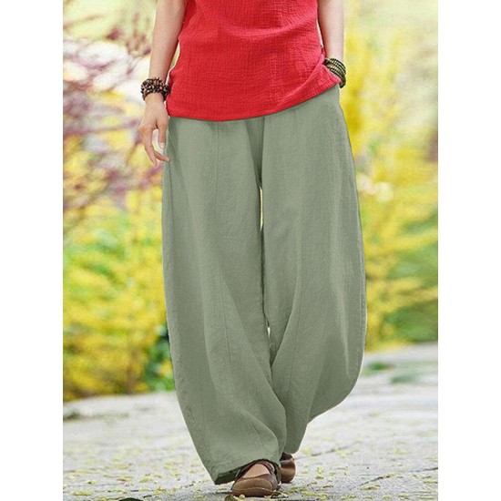 Solid Pocket Elastic Waist Cotton Casual Pants