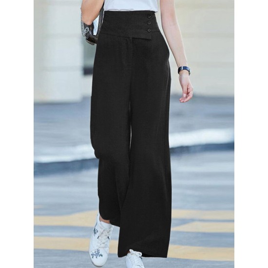 Solid Pocket Button Wide Leg High Waist Casual Pants