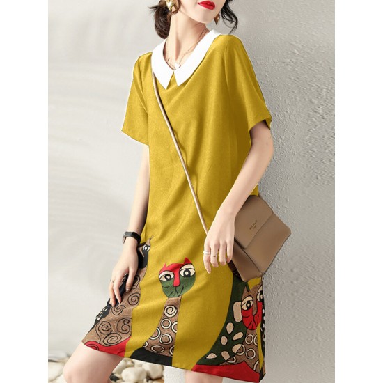 Cartoon Cat Print Contrast Peter Pan Collar Short Sleeve Dress