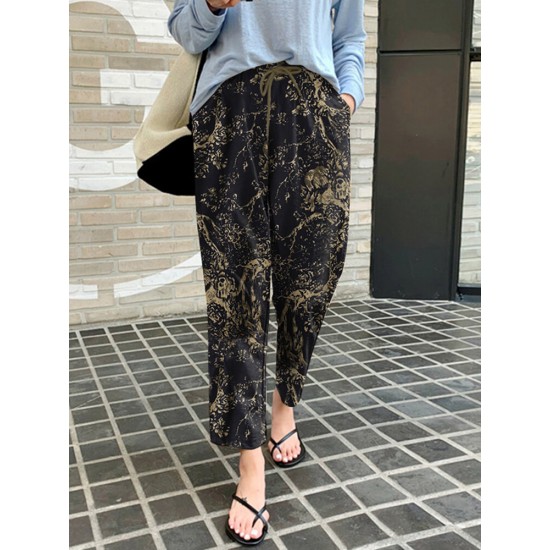 Women 100  Cotton Plants And Flowers Printing Maxi Length Pants