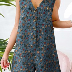 Leisure Calico Button Pocket Sleeveless V Neck Cotton Romper