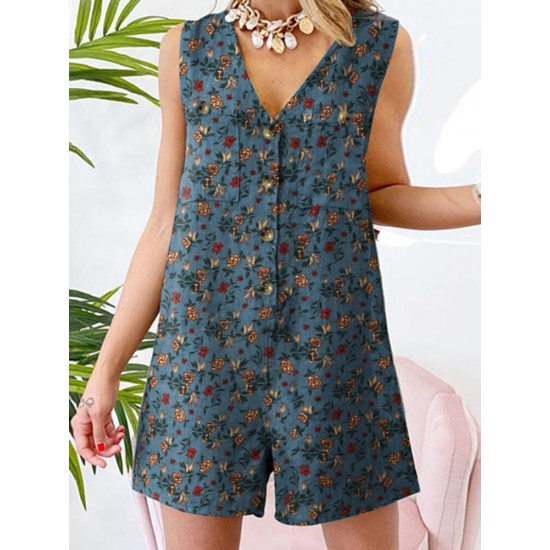 Leisure Calico Button Pocket Sleeveless V Neck Cotton Romper