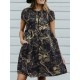 Cotton Plant Print Button Pocket Short Sleeve Midi Dress