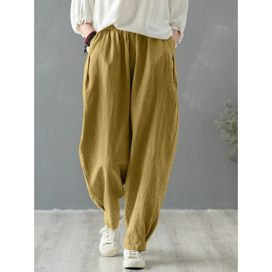 Solid Cotton Pocket Elastic Waist Casual Loose Pants