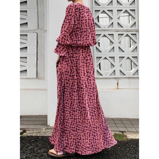 Geo Print Long Sleeve Slit Side Crew Neck Maxi Dress