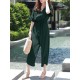 Solid Belt Pocket Button Ruffle Sleeve V  neck Jumpsuit