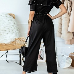 Solid Color Button Pocket Drawstring Off  shoulder Ruffle Casual Jumpsuit