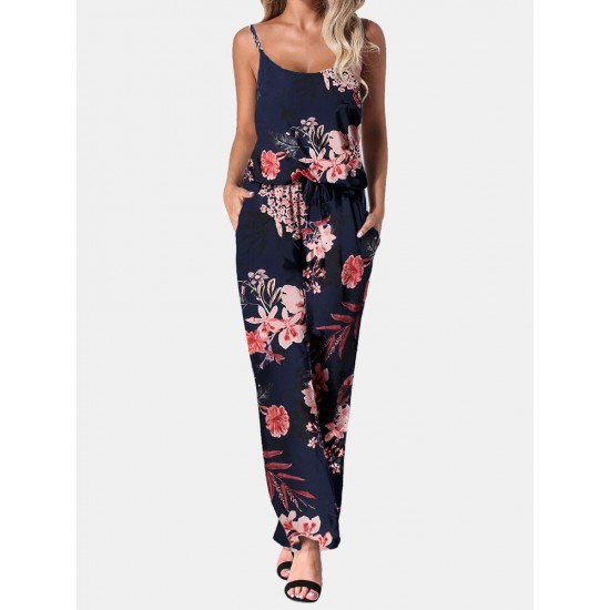 Flower Print Drawstring Pocket Strap Jumpsuit For Women