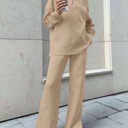 Women Turtleneck Solid Color Ankle Length Zipper Elastic Waist Two  Piece Sets