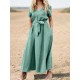 Solid Pocket Sash Short Sleeve Cotton Casual Maxi Dress