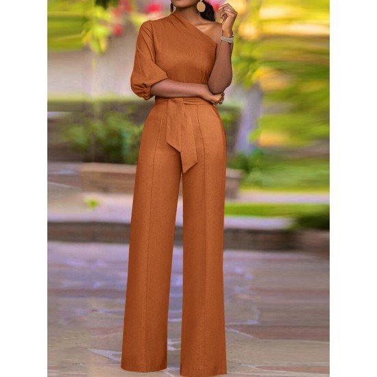 High Waist Solid Pocket Asymmetrical One Shoulder Jumpsuit