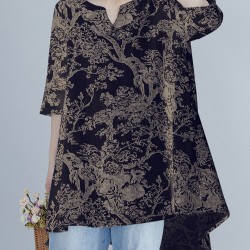 Plant Print Split V Neck High  Low Hem Cotton Casual Blouse