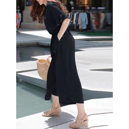 Solid Belt Pocket Button Ruffle Sleeve V  neck Jumpsuit